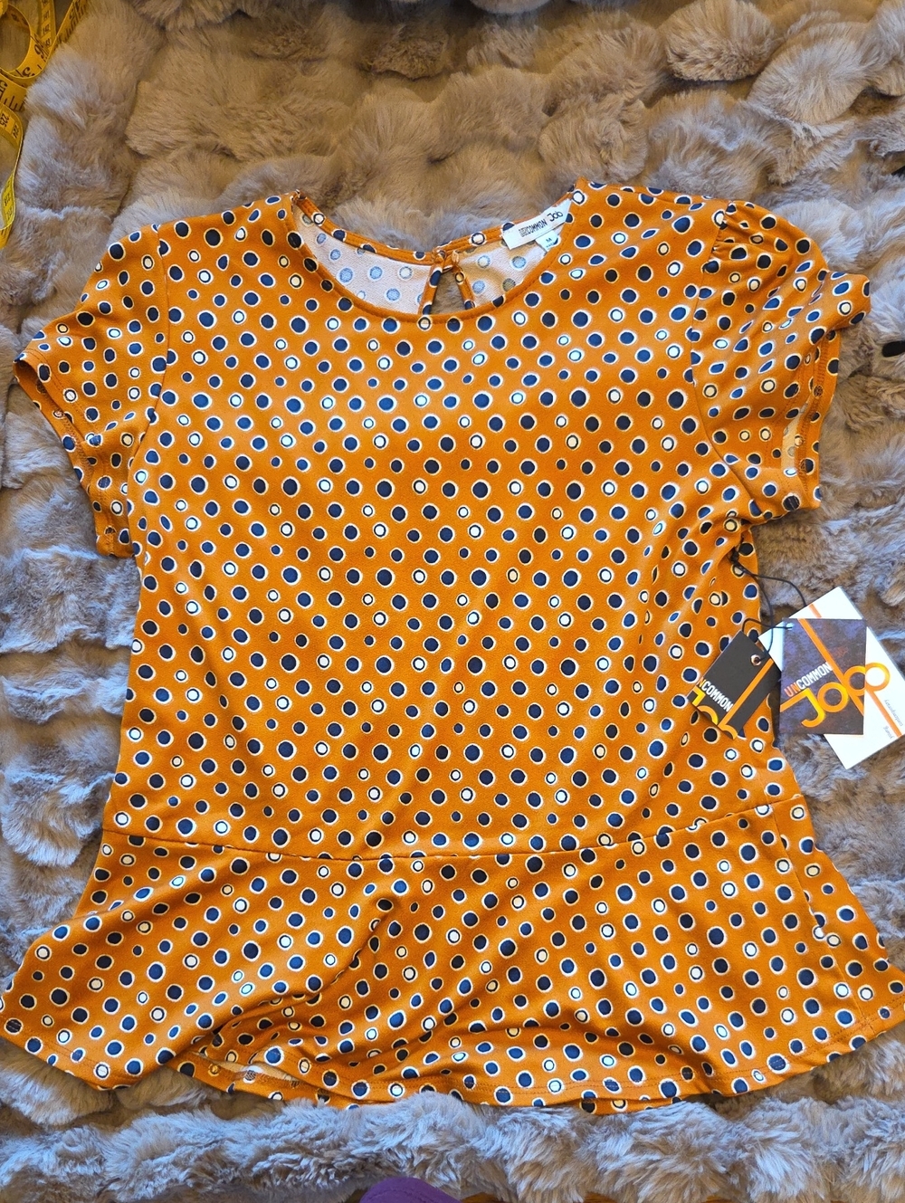 Orange Polka Dot Short-Sleeve Peplum Blouse